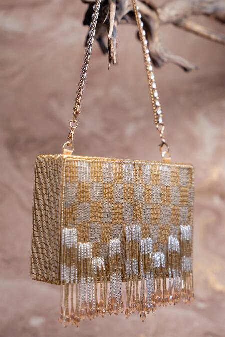 Nayaab By Sonia Gold Beads, Tassels, Embroidery Shades Of Kasse Box Clutch Online at Aza Fashions Nayaab By Sonia_Gold Beads, Tassels, Embroidery Shades Of Kasse Box Clutch _Online_at_Aza_Fashions