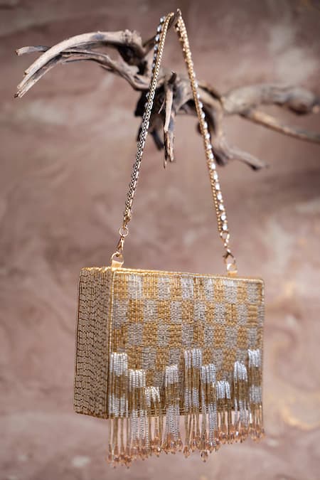 Shop Nayaab By Sonia Gold Beads, Tassels, Embroidery Shades Of Kasse Box Clutch Online at Aza Fashions Shop_Nayaab By Sonia_Gold Beads, Tassels, Embroidery Shades Of Kasse Box Clutch _Online_at_Aza_Fashions
