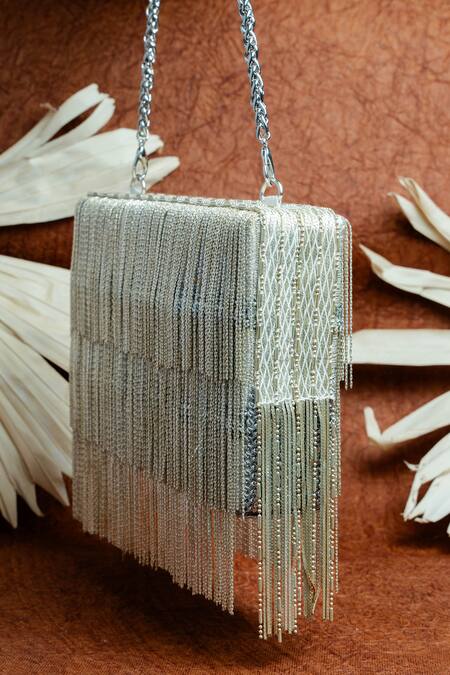 Nayaab By Sonia Silver Embroidery Box Clutch With Chains Online at Aza Fashions Nayaab By Sonia_Silver Embroidery Box Clutch With Chains _Online_at_Aza_Fashions