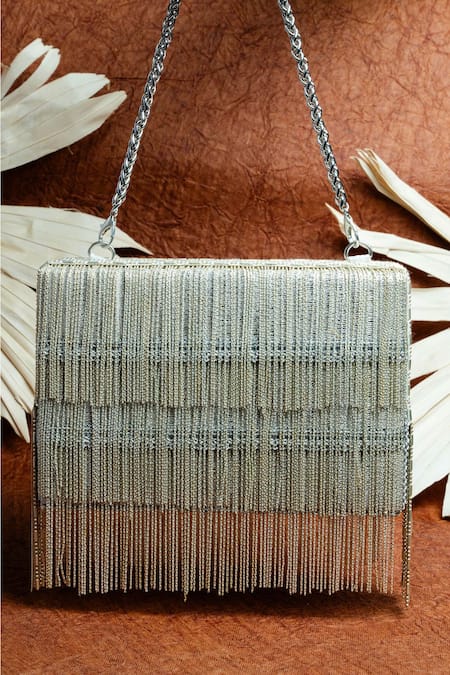 Nayaab By Sonia Silver Embroidery Box Clutch With Chains 