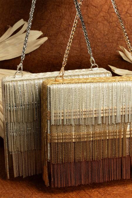 Buy Nayaab By Sonia Silver Embroidery Box Clutch With Chains Online at Aza Fashions Buy_Nayaab By Sonia_Silver Embroidery Box Clutch With Chains _Online_at_Aza_Fashions