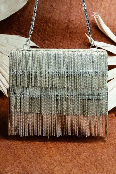 Shop Nayaab By Sonia Silver Embroidery Box Clutch With Chains at Aza Fashions Shop_Nayaab By Sonia_Silver Embroidery Box Clutch With Chains _at_Aza_Fashions