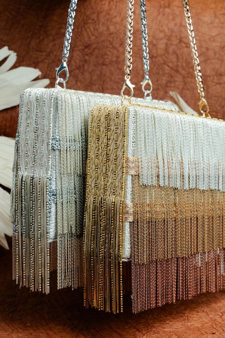 Shop Nayaab By Sonia Silver Embroidery Box Clutch With Chains Online at Aza Fashions Shop_Nayaab By Sonia_Silver Embroidery Box Clutch With Chains _Online_at_Aza_Fashions