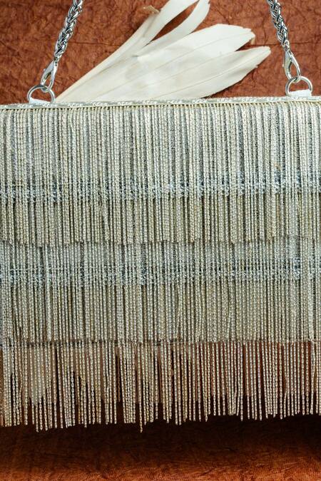 Nayaab By Sonia Silver Embroidery Box Clutch With Chains at Aza Fashions Nayaab By Sonia_Silver Embroidery Box Clutch With Chains _at_Aza_Fashions