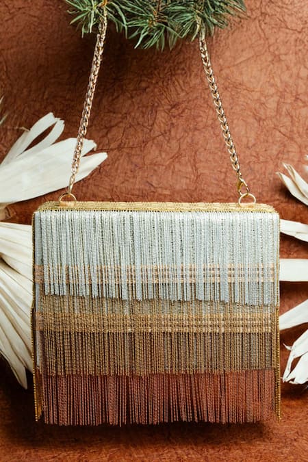 Nayaab By Sonia Gold Embroidery Box Clutch With Metallic Chains 