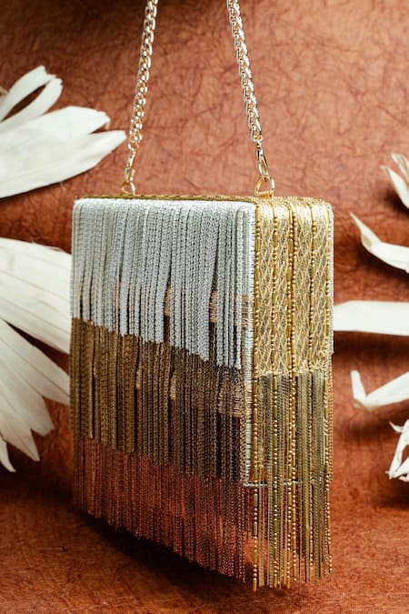 Nayaab By Sonia_Gold Embroidery Box Clutch With Metallic Chains _Online_at_Aza_Fashions