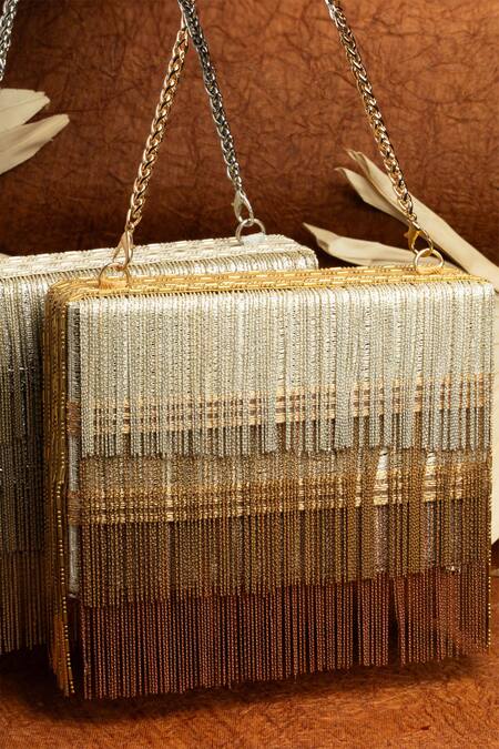 Buy_Nayaab By Sonia_Gold Embroidery Box Clutch With Metallic Chains _Online_at_Aza_Fashions