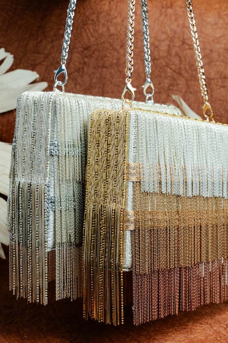 Shop_Nayaab By Sonia_Gold Embroidery Box Clutch With Metallic Chains _Online_at_Aza_Fashions