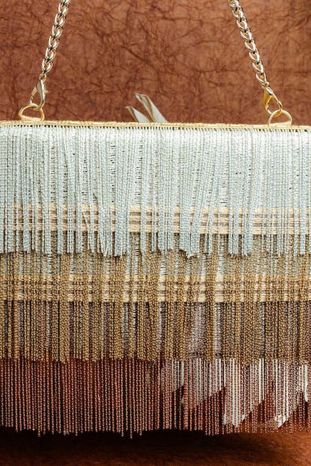 Nayaab By Sonia_Gold Embroidery Box Clutch With Metallic Chains _at_Aza_Fashions