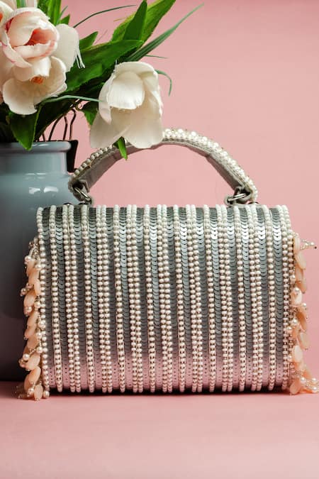 Shop Nayaab By Sonia Silver Sequins, Beads Matto Splendour Kasse Box Clutch at Aza Fashions Shop_Nayaab By Sonia_Silver Sequins, Beads Matto Splendour Kasse Box Clutch _at_Aza_Fashions