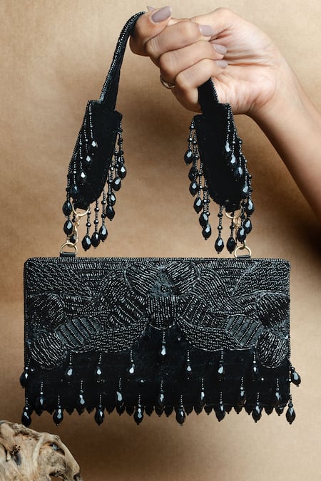 Shop Nayaab By Sonia Black Beads, Tassels Ornate Radiance Kasse Clutch at Aza Fashions Shop_Nayaab By Sonia_Black Beads, Tassels Ornate Radiance Kasse Clutch _at_Aza_Fashions