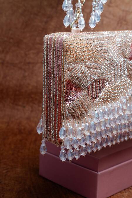 Nayaab By Sonia_Pink Beads, Tassels Ornate Radiance Kasse Blush Rose Clutch_Online_at_Aza_Fashions