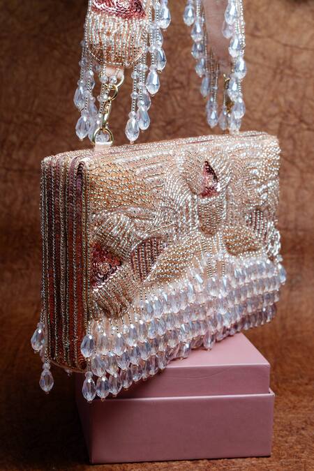 Buy_Nayaab By Sonia_Pink Beads, Tassels Ornate Radiance Kasse Blush Rose Clutch_Online_at_Aza_Fashions