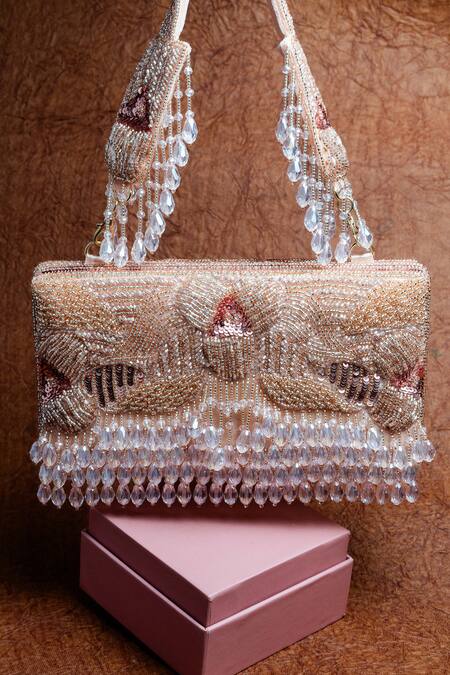 Shop_Nayaab By Sonia_Pink Beads, Tassels Ornate Radiance Kasse Blush Rose Clutch_Online_at_Aza_Fashions