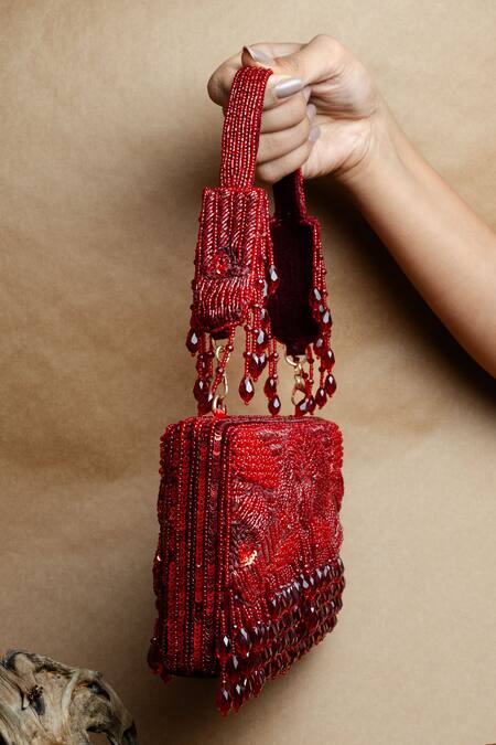 Shop Nayaab By Sonia Red Beads, Tassels Ornate Radiance Kasse Clutch Online at Aza Fashions Shop_Nayaab By Sonia_Red Beads, Tassels Ornate Radiance Kasse Clutch _Online_at_Aza_Fashions