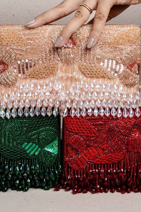 Nayaab By Sonia Red Beads, Tassels Ornate Radiance Kasse Clutch at Aza Fashions Nayaab By Sonia_Red Beads, Tassels Ornate Radiance Kasse Clutch _at_Aza_Fashions