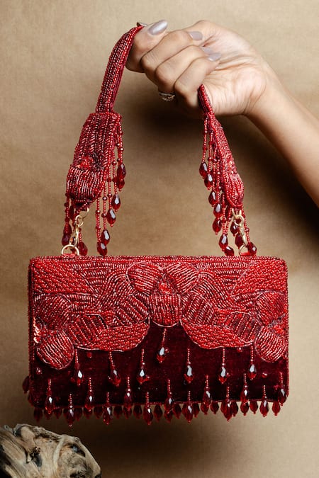 Shop Nayaab By Sonia Red Beads, Tassels Ornate Radiance Kasse Clutch at Aza Fashions Shop_Nayaab By Sonia_Red Beads, Tassels Ornate Radiance Kasse Clutch _at_Aza_Fashions