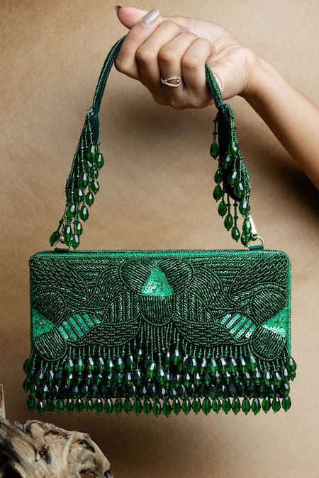 Nayaab By Sonia Green Beads, Tassels Emerald Beaded Potli Clutch Online at Aza Fashions Nayaab By Sonia_Green Beads, Tassels Emerald Beaded Potli Clutch _Online_at_Aza_Fashions