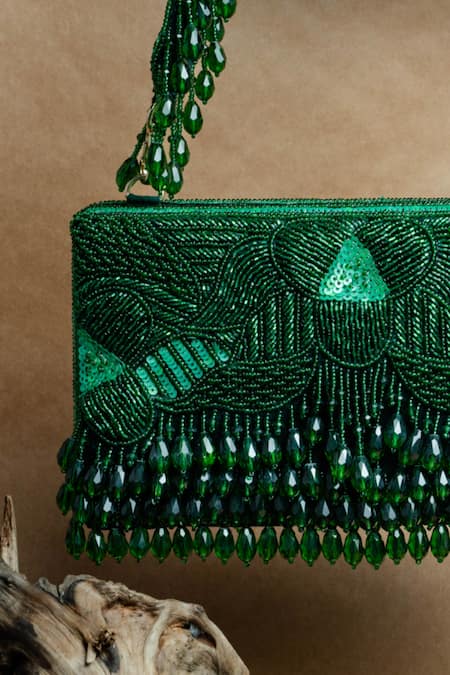 Shop Nayaab By Sonia Green Beads, Tassels Emerald Beaded Potli Clutch Online at Aza Fashions Shop_Nayaab By Sonia_Green Beads, Tassels Emerald Beaded Potli Clutch _Online_at_Aza_Fashions