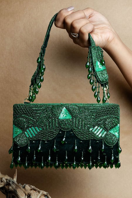 Shop Nayaab By Sonia Green Beads, Tassels Emerald Beaded Potli Clutch at Aza Fashions Shop_Nayaab By Sonia_Green Beads, Tassels Emerald Beaded Potli Clutch _at_Aza_Fashions