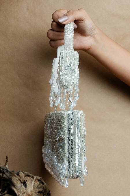 Buy_Nayaab By Sonia_Silver Beads, Tassels Ornate Radiance Kasse Clutch_Online_at_Aza_Fashions