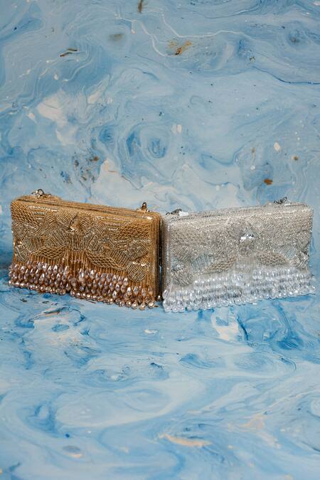 Shop_Nayaab By Sonia_Silver Beads, Tassels Ornate Radiance Kasse Clutch_Online_at_Aza_Fashions
