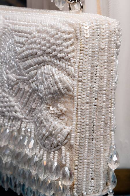 Nayaab By Sonia_White Beads, Tassels Ornate Radiance Kasse Snow Pearl Clutch_Online_at_Aza_Fashions