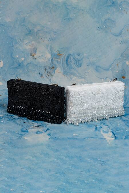 Buy_Nayaab By Sonia_White Beads, Tassels Ornate Radiance Kasse Snow Pearl Clutch_Online_at_Aza_Fashions