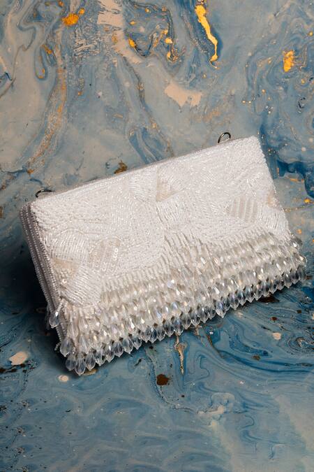Shop_Nayaab By Sonia_White Beads, Tassels Ornate Radiance Kasse Snow Pearl Clutch_Online_at_Aza_Fashions
