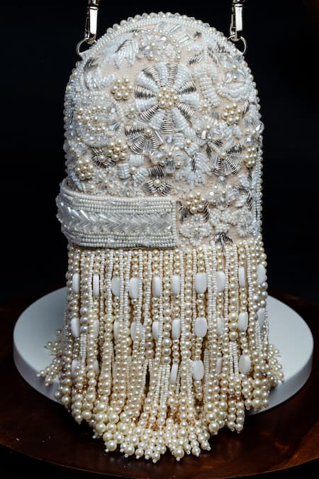 Shop Nayaab By Sonia White Beads, Tassels Beaded Potli Clutch at Aza Fashions Shop_Nayaab By Sonia_White Beads, Tassels Beaded Potli Clutch _at_Aza_Fashions