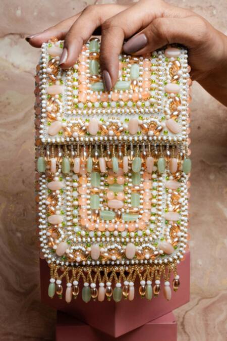Shop Nayaab By Sonia Pink Beads Pastel Studded Box Clutch at Aza Fashions Shop_Nayaab By Sonia_Pink Beads Pastel Studded Box Clutch _at_Aza_Fashions