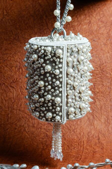 Nayaab By Sonia_Ivory Pearls, Diamonds Cluster Potli Bag _at_Aza_Fashions