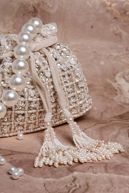 Nayaab By Sonia Ivory Embroidery, Beads, Pearls, Sequins Potli Bag With Handle Online at Aza Fashions Nayaab By Sonia_Ivory Embroidery, Beads, Pearls, Sequins Potli Bag With Handle _Online_at_Aza_Fashions