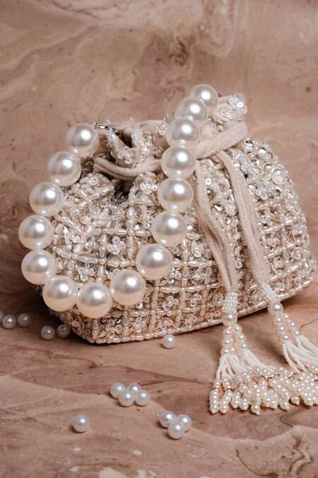 Buy Nayaab By Sonia Ivory Embroidery, Beads, Pearls, Sequins Potli Bag With Handle Buy_Nayaab By Sonia_Ivory Embroidery, Beads, Pearls, Sequins Potli Bag With Handle