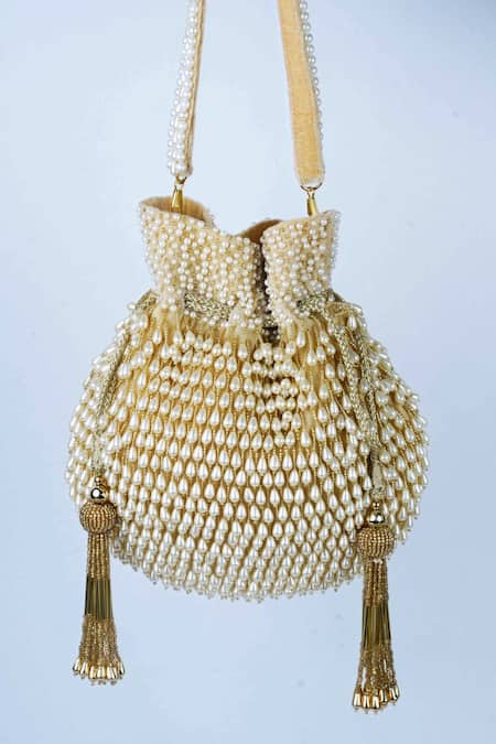 Shop Nayaab By Sonia Gold Pearls, Beads Tassel Potli Bag at Aza Fashions Shop_Nayaab By Sonia_Gold Pearls, Beads Tassel Potli Bag _at_Aza_Fashions