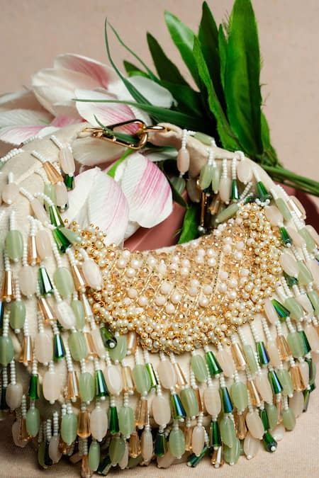 Buy_Nayaab By Sonia_Green Beads, Tassels Lattice Potli Bag _Online_at_Aza_Fashions