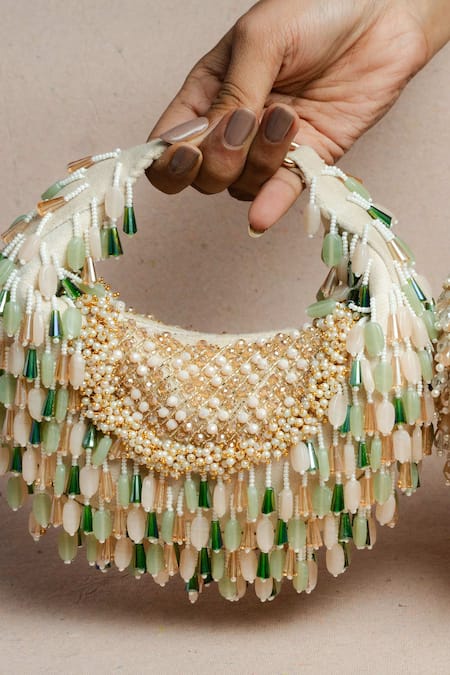 Shop_Nayaab By Sonia_Green Beads, Tassels Lattice Potli Bag _Online_at_Aza_Fashions