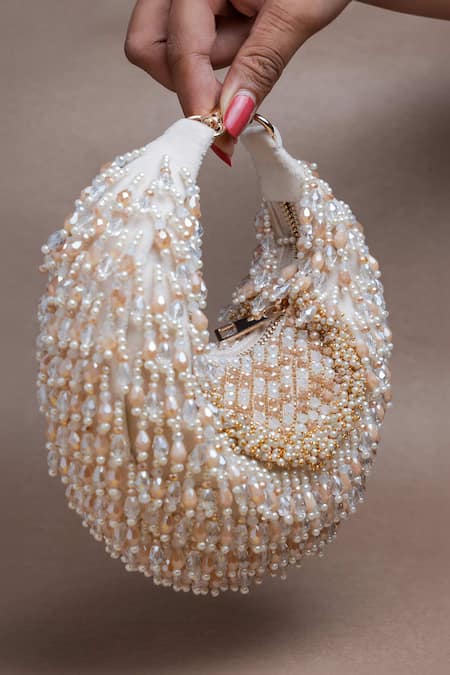 Nayaab By Sonia_Off White Beads Tasseled Lattice Potli Bag _Online_at_Aza_Fashions