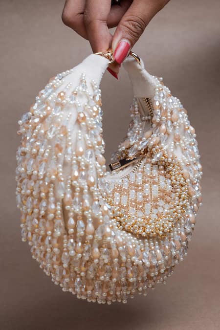 Buy_Nayaab By Sonia_Off White Beads Tasseled Lattice Potli Bag _Online_at_Aza_Fashions