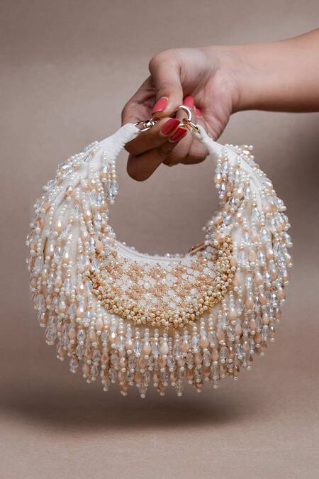 Nayaab By Sonia_Off White Beads Tasseled Lattice Potli Bag _at_Aza_Fashions