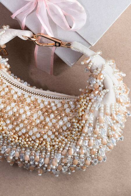 Buy_Nayaab By Sonia_Off White Beads Tasseled Lattice Potli Bag 