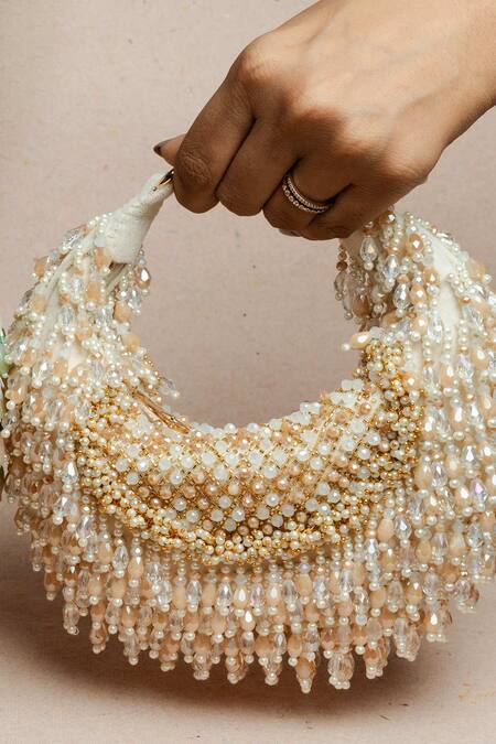 Shop_Nayaab By Sonia_Off White Beads Tasseled Lattice Potli Bag 
