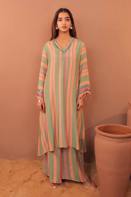 Surkh Syahi_Beige Cotton, Muslin Embroidery Round Neck Floral Print A-line Kurta Set _Online_at_Aza_Fashions