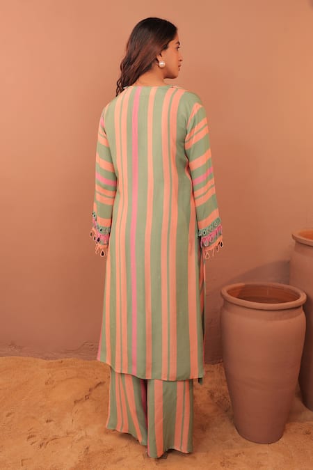 Shop_Surkh Syahi_Beige Cotton, Muslin Embroidery Round Neck Floral Print A-line Kurta Set _at_Aza_Fashions