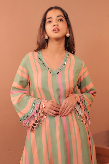Shop_Surkh Syahi_Beige Cotton, Muslin Embroidery Round Neck Floral Print A-line Kurta Set _Online_at_Aza_Fashions