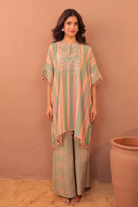 Surkh Syahi_Multi Color Cotton Embroidery Round Neck Floral Print Kaftan Kurta Set _Online_at_Aza_Fashions