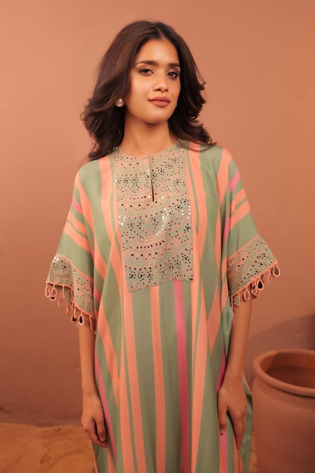 Buy_Surkh Syahi_Multi Color Cotton Embroidery Round Neck Floral Print Kaftan Kurta Set _Online_at_Aza_Fashions