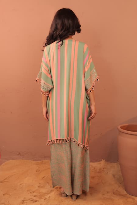 Shop_Surkh Syahi_Multi Color Cotton Embroidery Round Neck Floral Print Kaftan Kurta Set _at_Aza_Fashions