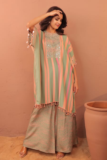 Shop_Surkh Syahi_Multi Color Cotton Embroidery Round Neck Floral Print Kaftan Kurta Set _Online_at_Aza_Fashions