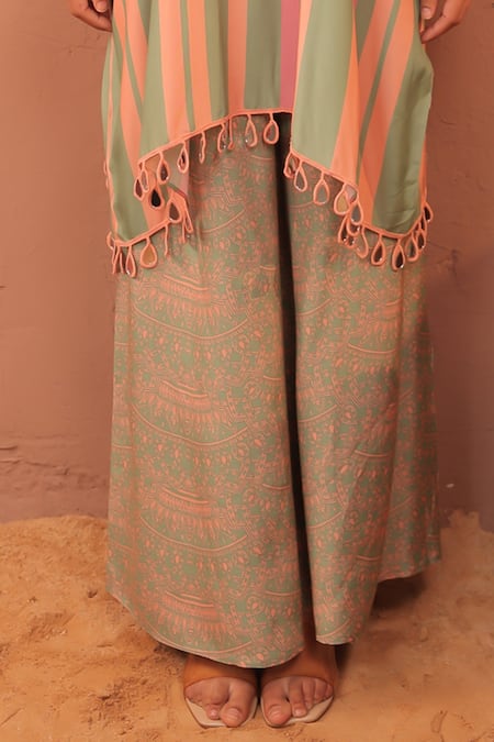 Surkh Syahi_Multi Color Cotton Embroidery Round Neck Floral Print Kaftan Kurta Set _at_Aza_Fashions